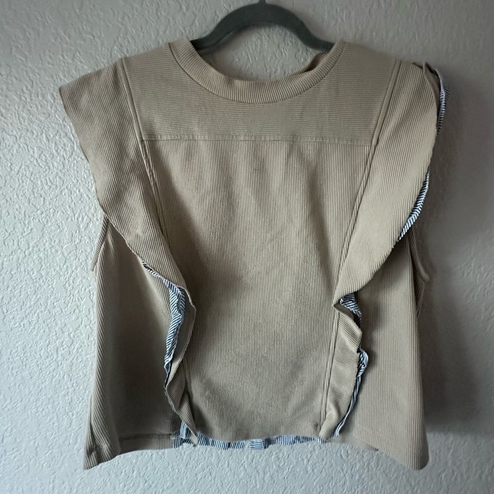 Anthropologie XL Ribbed Ruffle Sleeve Top Beige Mixed Media Blouse